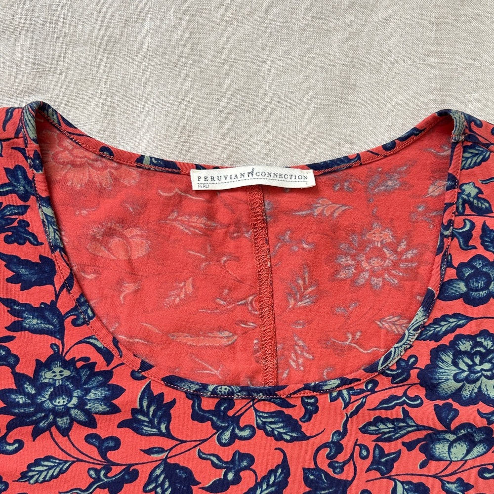 Peruvian Connection Cotton Jersey Red and Blue Floral Print Women's Dress - Picture 2 of 5